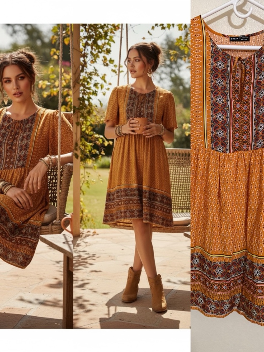 SHEIN Mustard Boho Midi Dress with Ethnic Print